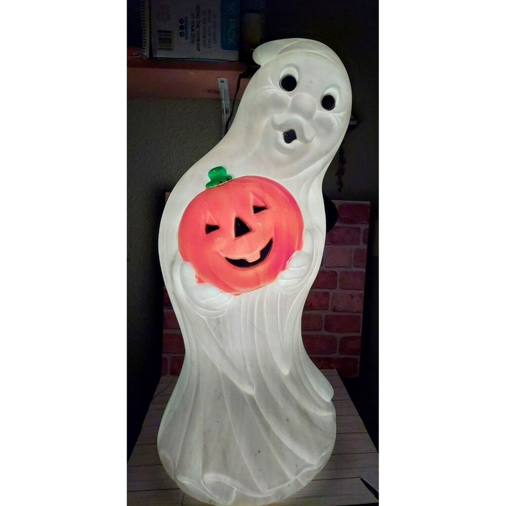 Vintage Halloween Ghost Holding Pumpkin Light Up Blow Mold 34" General Foam